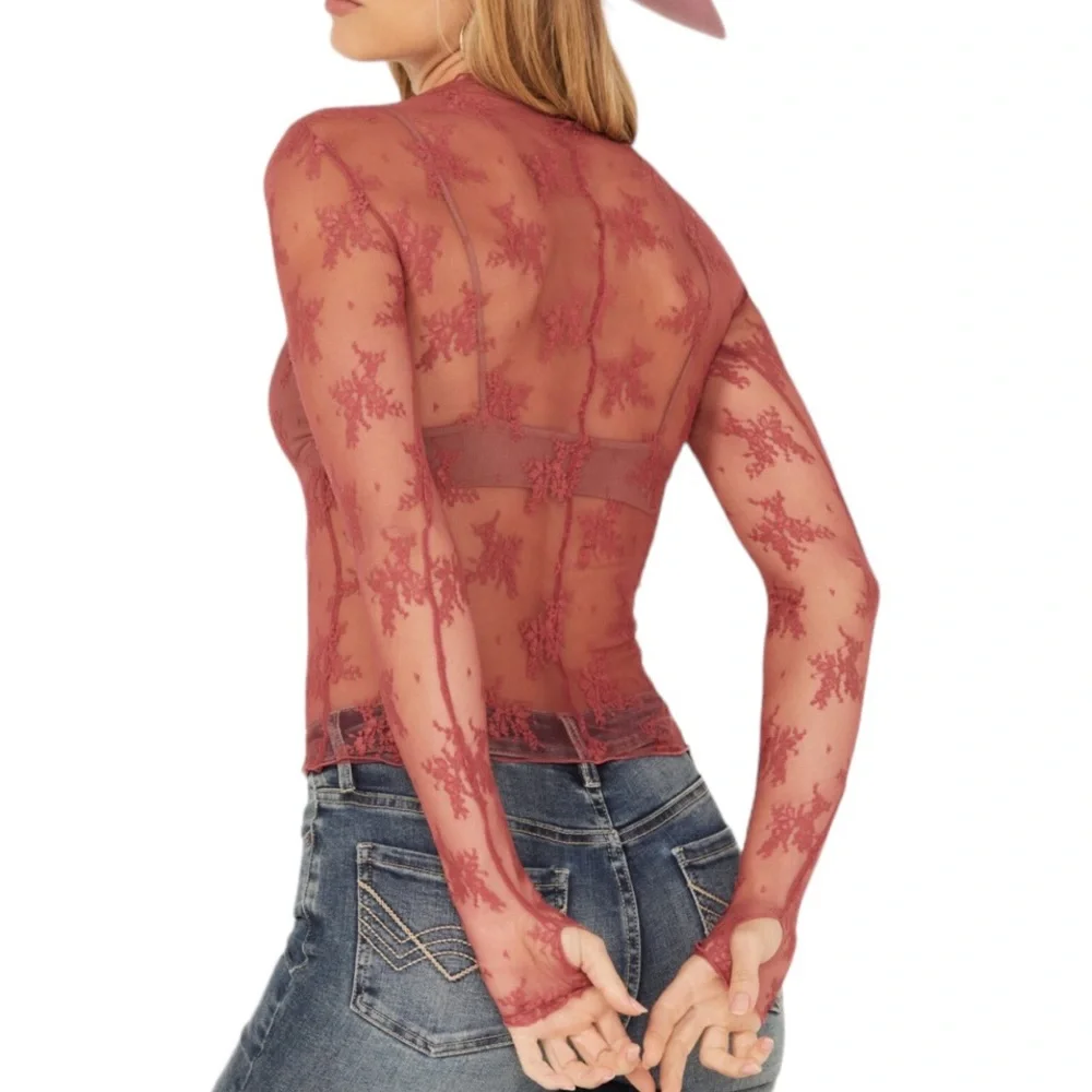 Free People Sheer Floral Long Sleeve Top in Dusty Rose